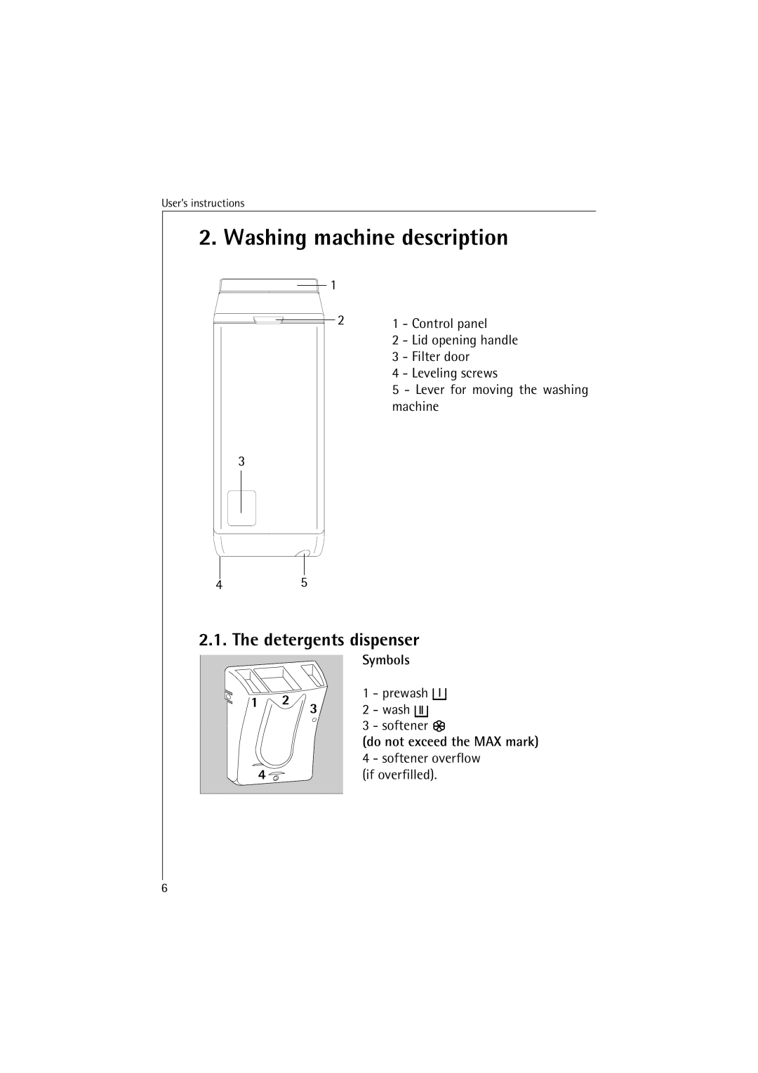 AEG 40850 manual Washing machine description, Detergents dispenser, Prewash Wash Softener, Softener overflow If overfilled 
