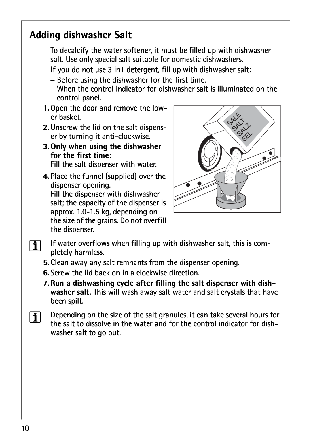 AEG 40850 manual Adding dishwasher Salt 
