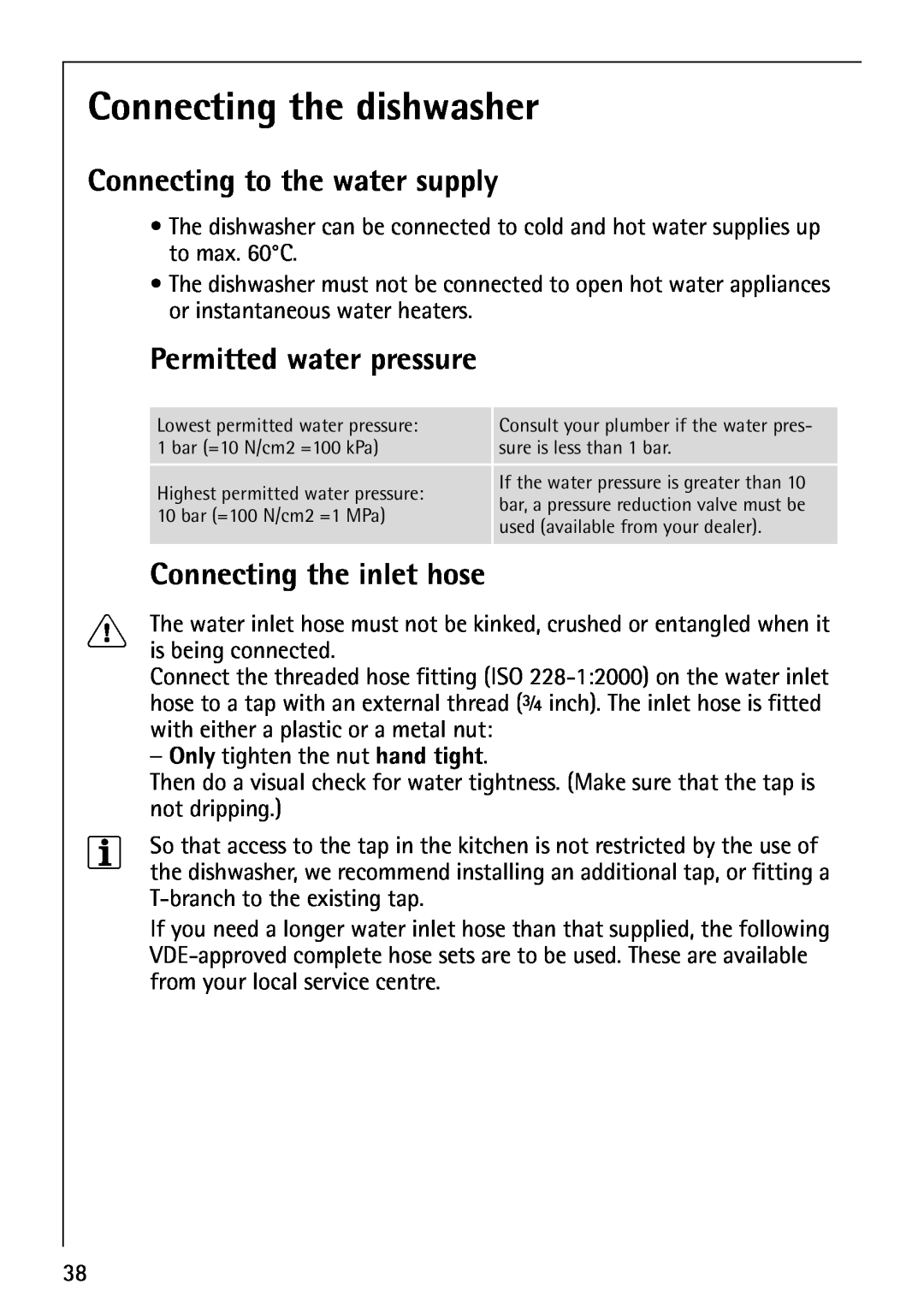 AEG 40850 Connecting the dishwasher, Connecting to the water supply, Permitted water pressure, Connecting the inlet hose 