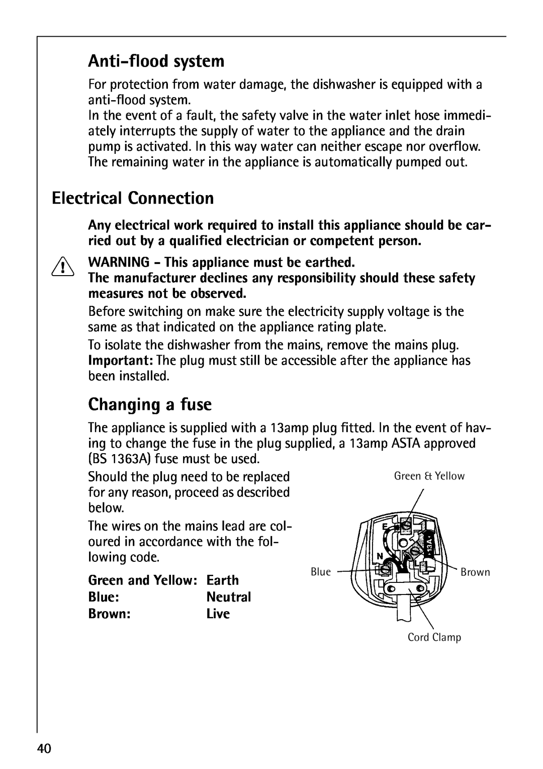 AEG 40850 manual Anti-floodsystem, Electrical Connection, Changing a fuse, WARNING - This appliance must be earthed 