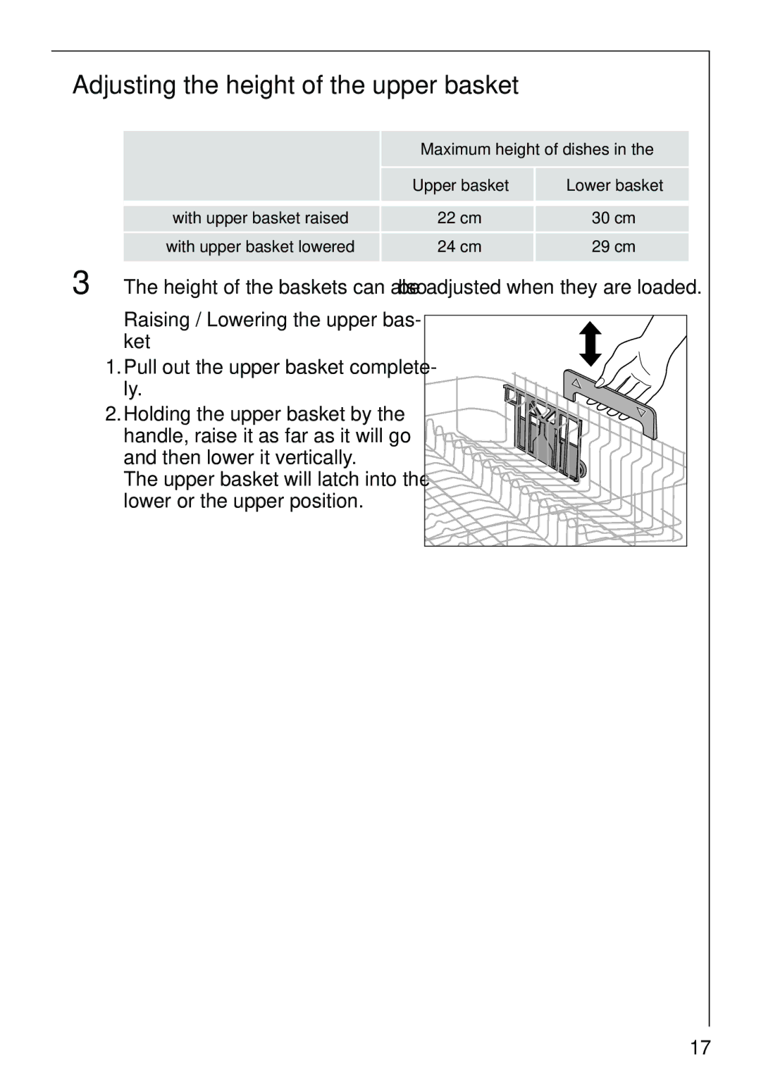 AEG 40860 manual Adjusting the height of the upper basket, Raising / Lowering the upper bas- ket 