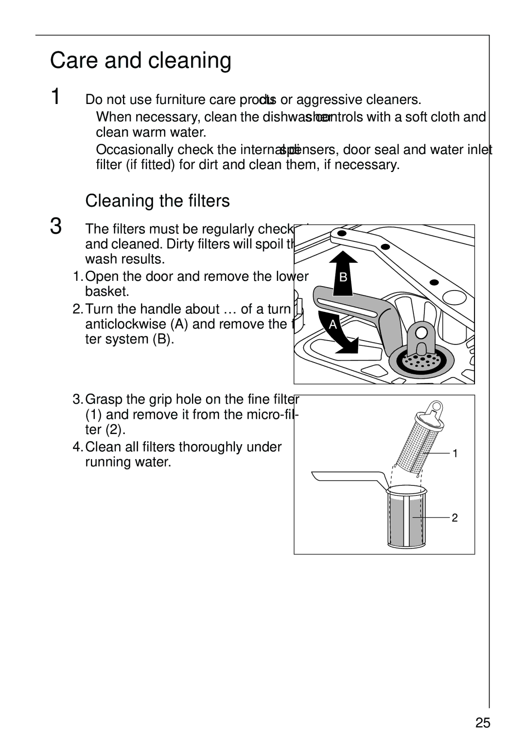 AEG 40860 manual Care and cleaning, Cleaning the filters 