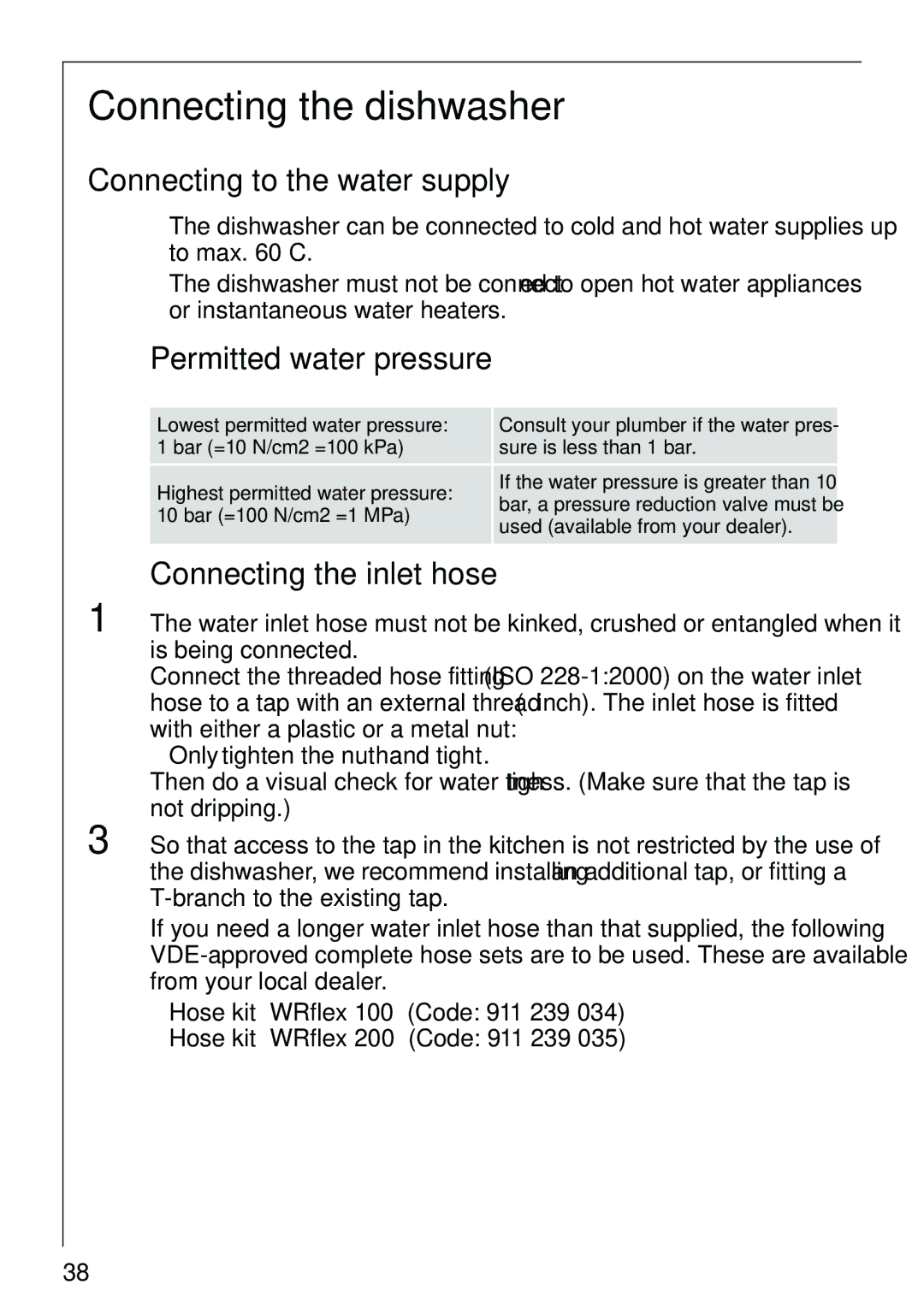 AEG 40860 Connecting the dishwasher, Connecting to the water supply, Permitted water pressure, Connecting the inlet hose 