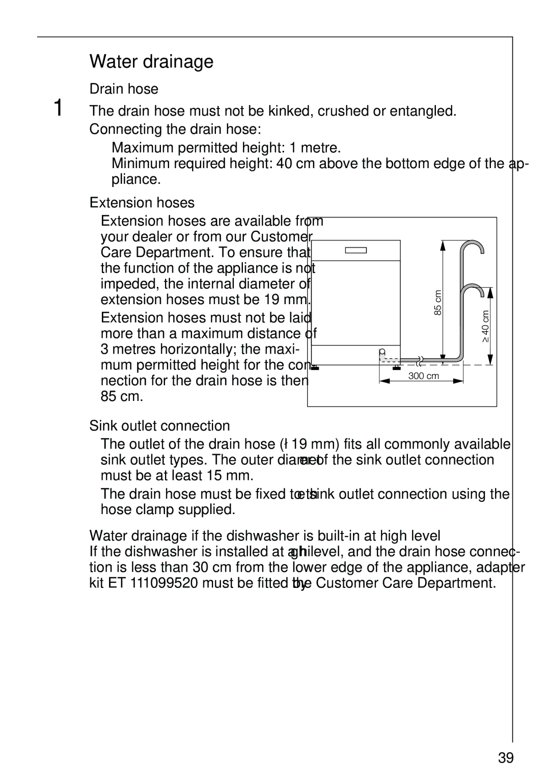 AEG 40860 manual Water drainage, Drain hose, Extension hoses, Sink outlet connection 