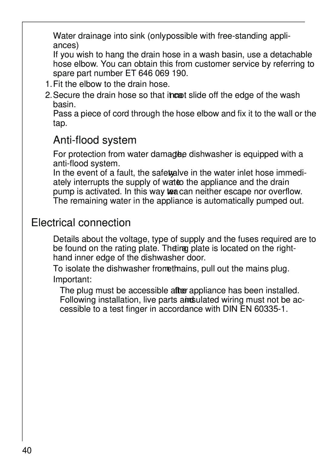 AEG 40860 manual Anti-flood system, Electrical connection 