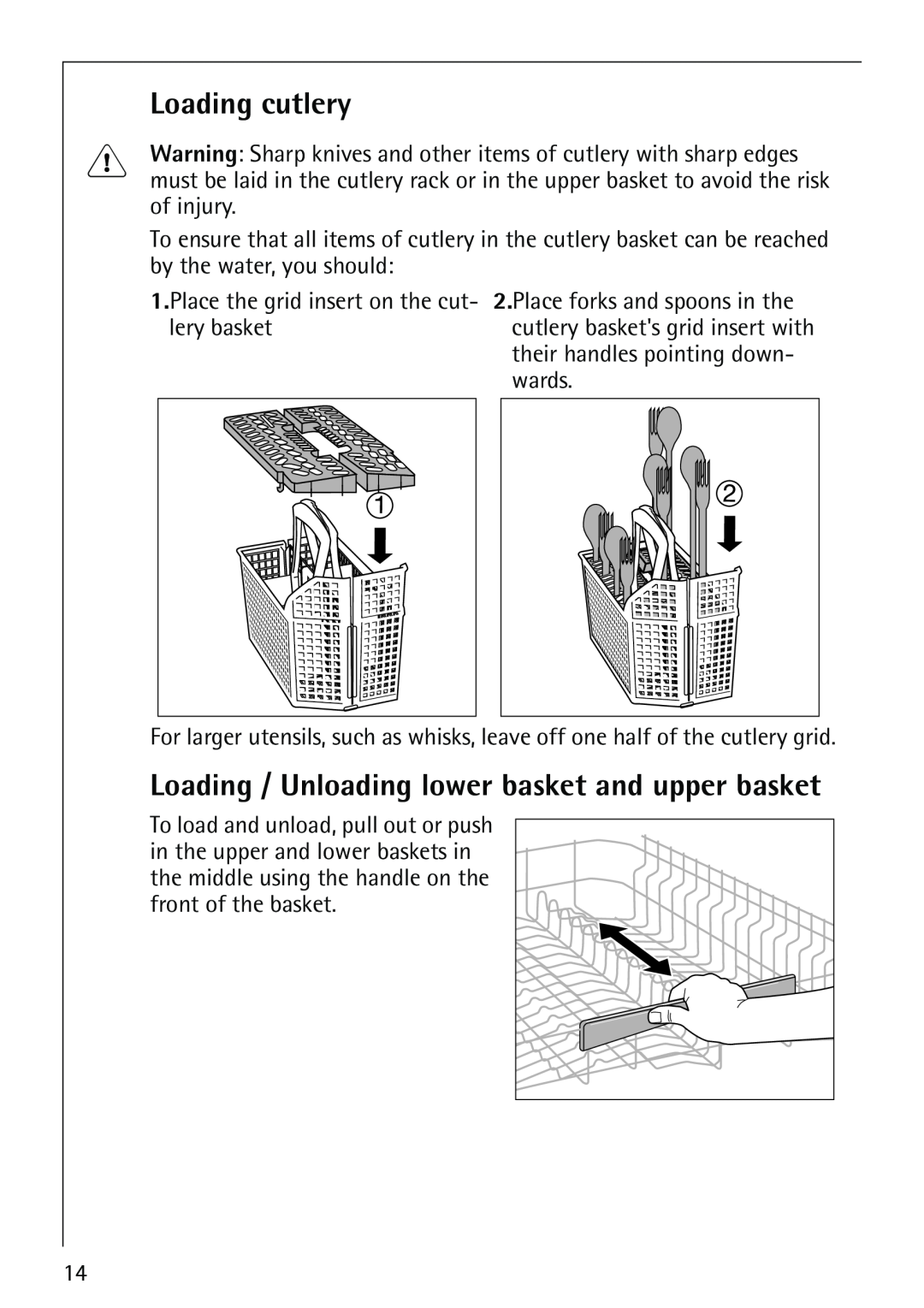 AEG 40860 manual Loading cutlery, Loading / Unloading lower basket and upper basket 