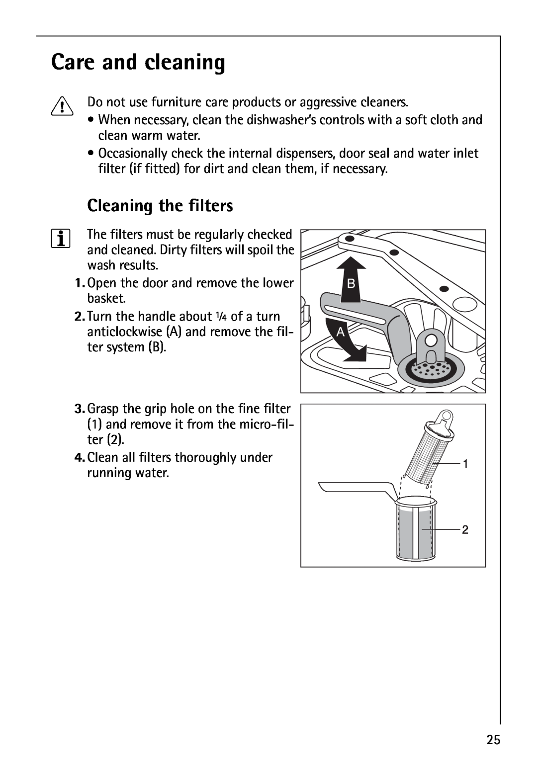 AEG 40860 manual Care and cleaning, Cleaning the filters 