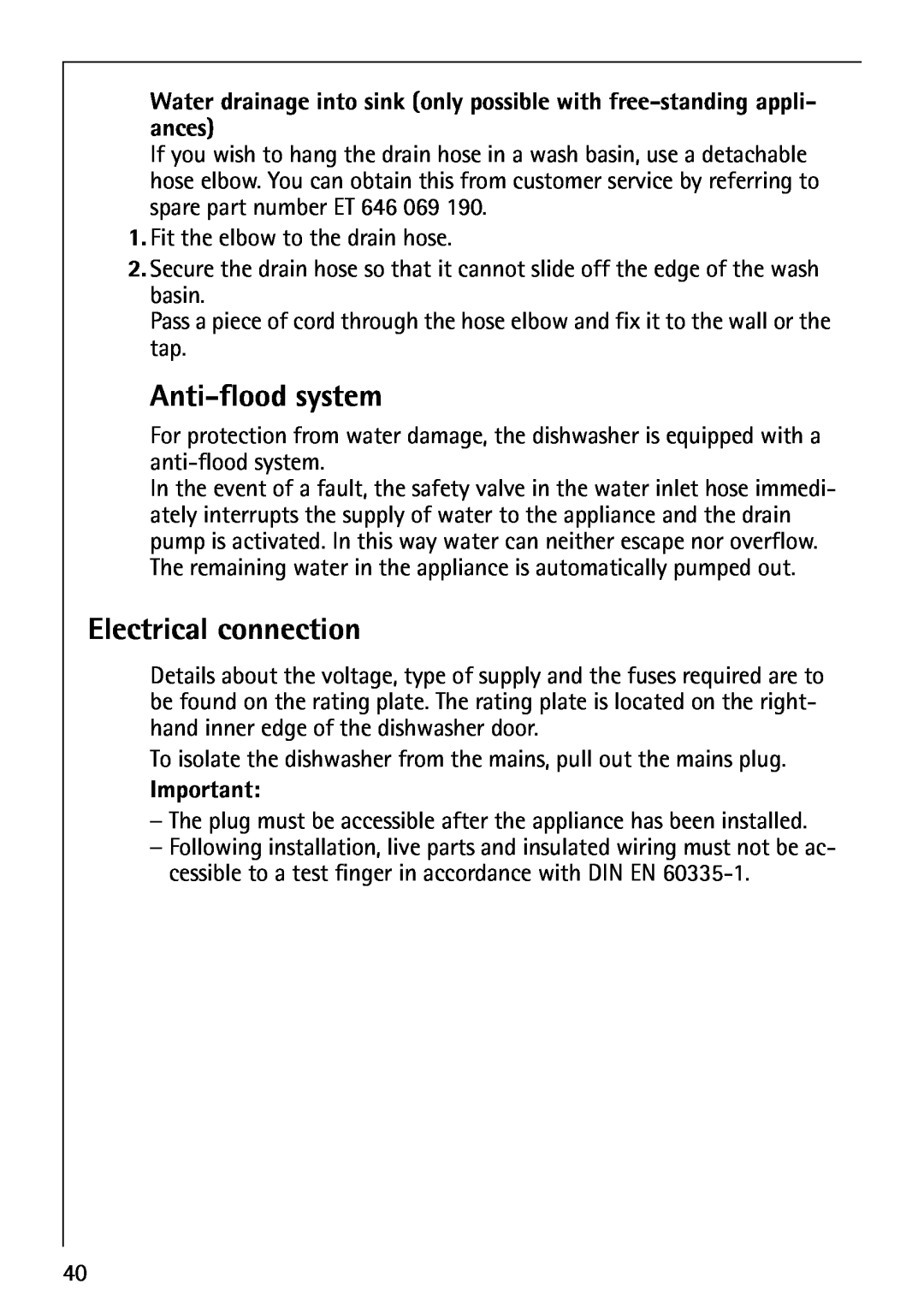 AEG 40860 manual Anti-floodsystem, Electrical connection 