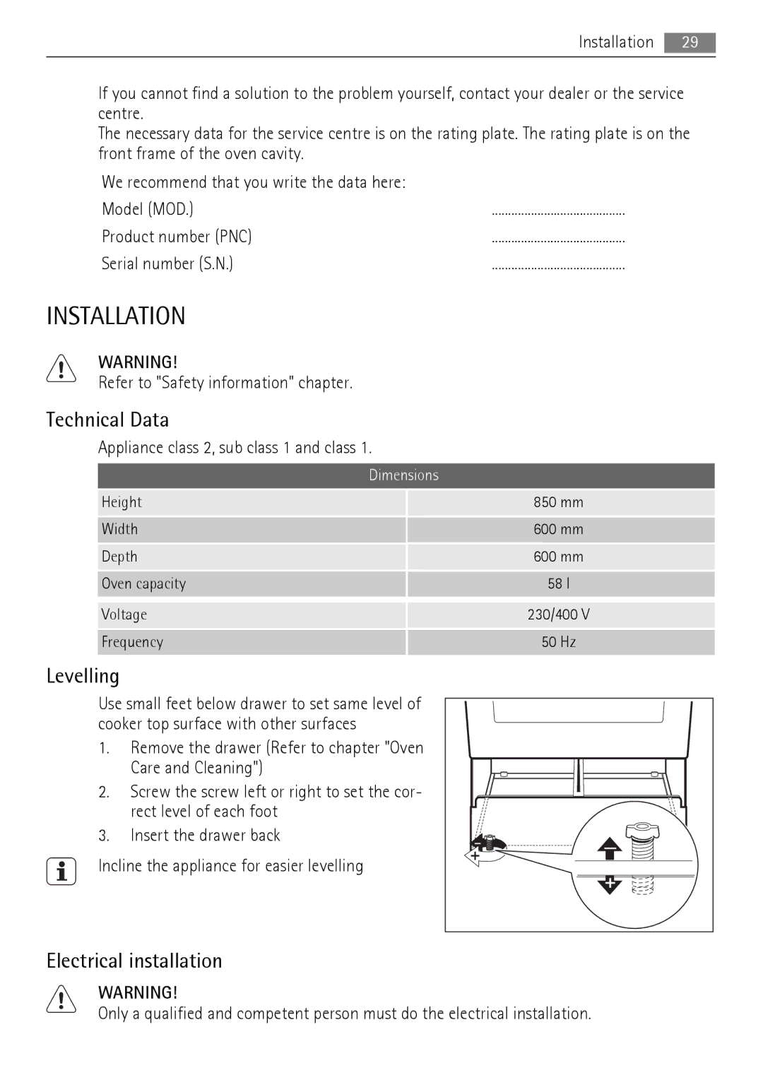 AEG 41056VH-MN user manual Installation, Technical Data, Levelling, Electrical installation, Dimensions 