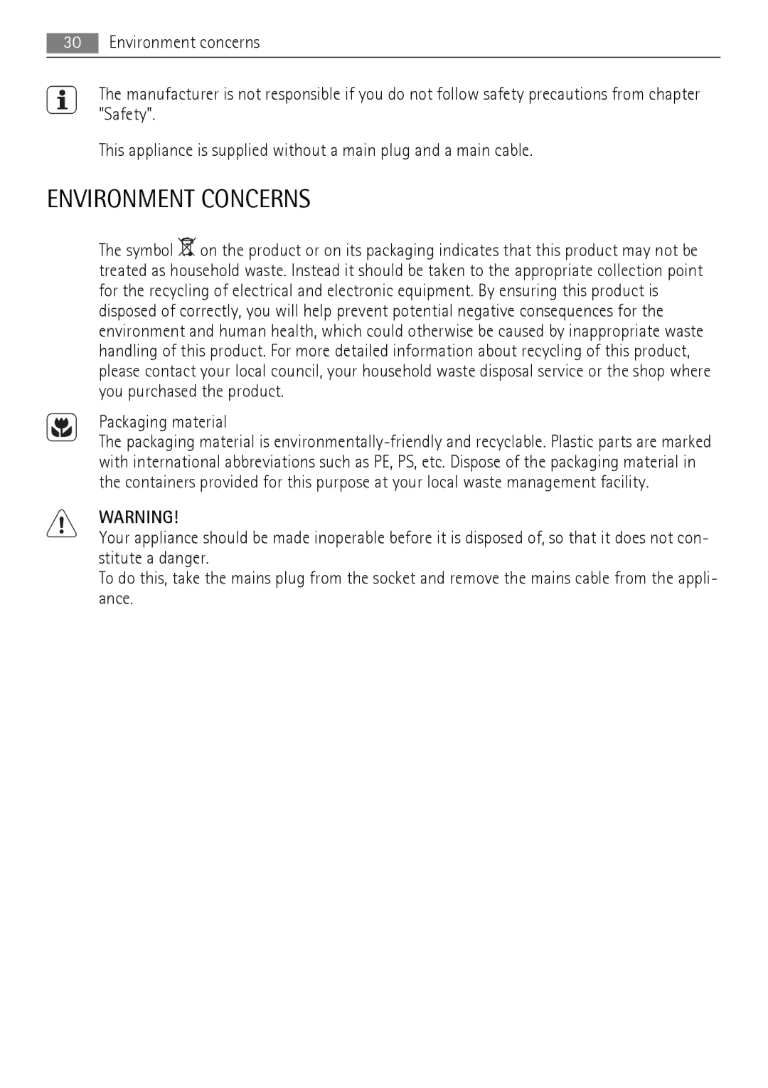 AEG 41056VH-MN user manual Environment Concerns, Packaging material 