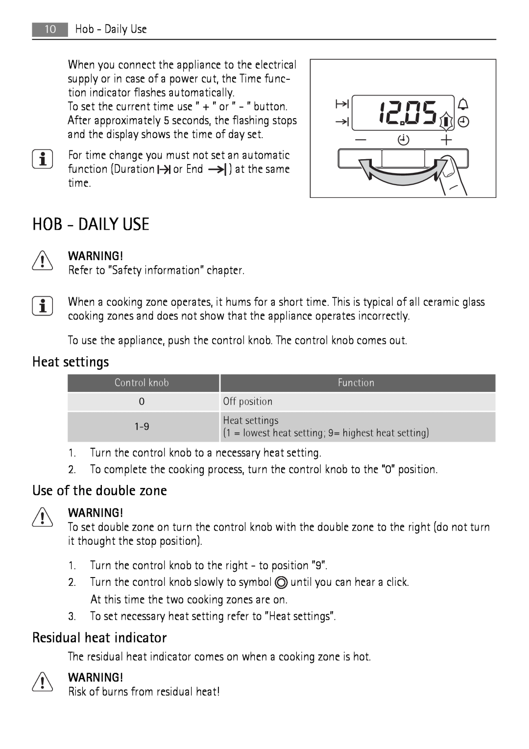 AEG 41056VH-MN user manual Hob - Daily Use, Heat settings, Use of the double zone, Residual heat indicator 