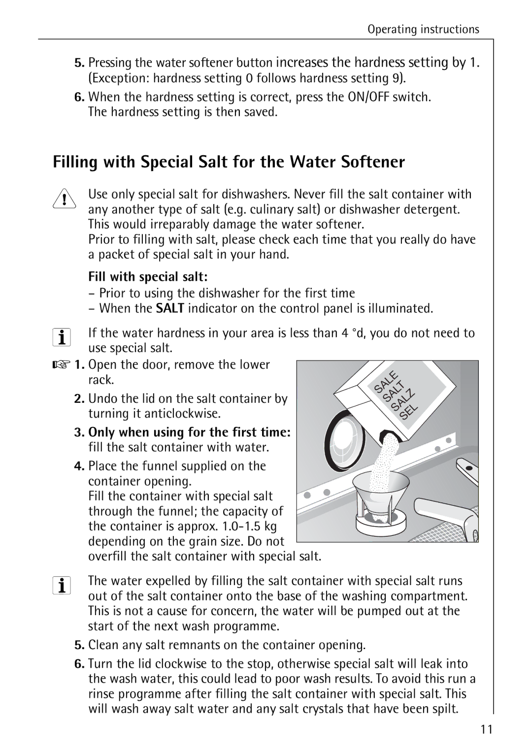 AEG 4270 I manual Filling with Special Salt for the Water Softener, Fill with special salt, Turning it anticlockwise 