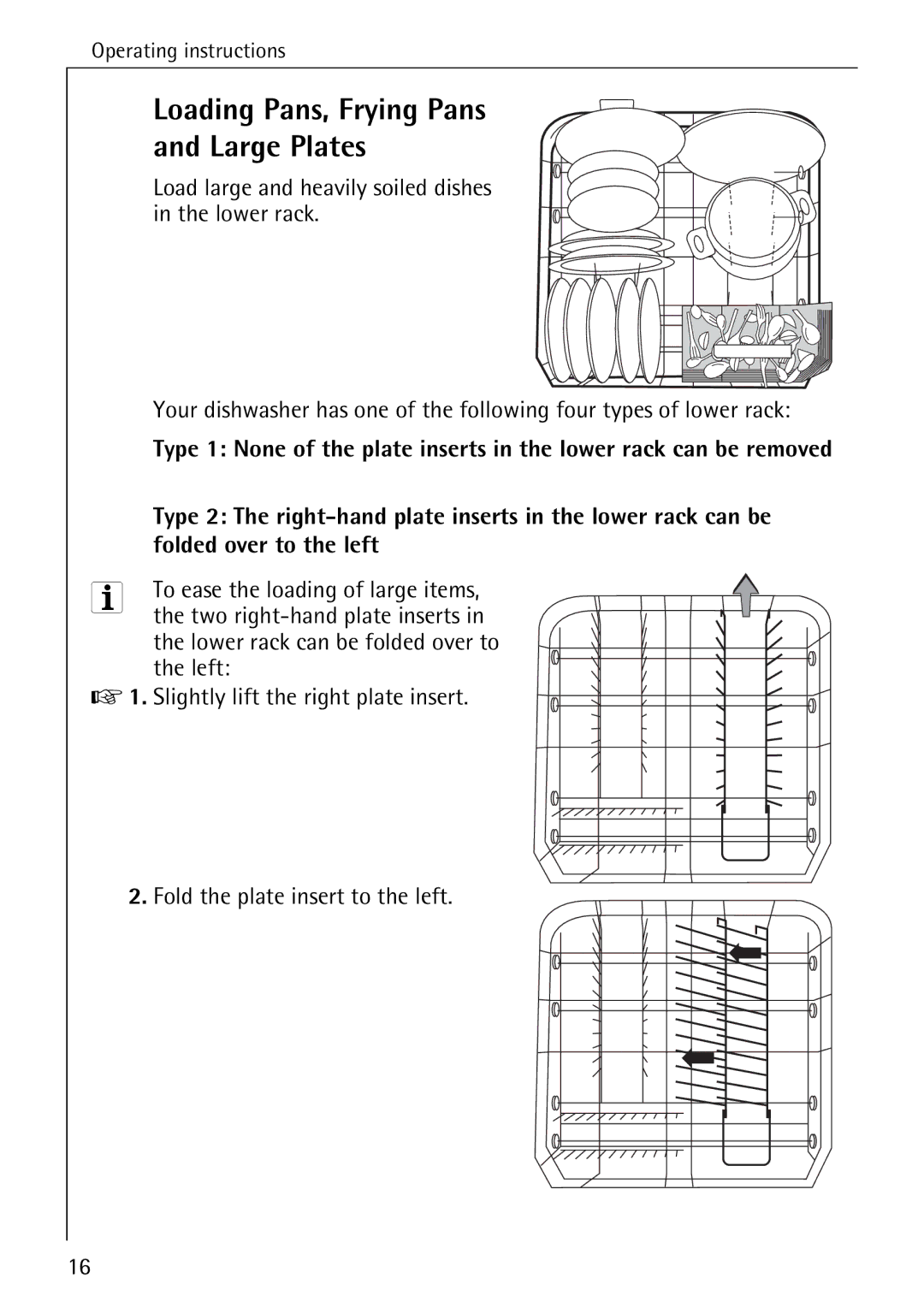 AEG 4270 I manual Loading Pans, Frying Pans Large Plates, Load large and heavily soiled dishes in the lower rack 