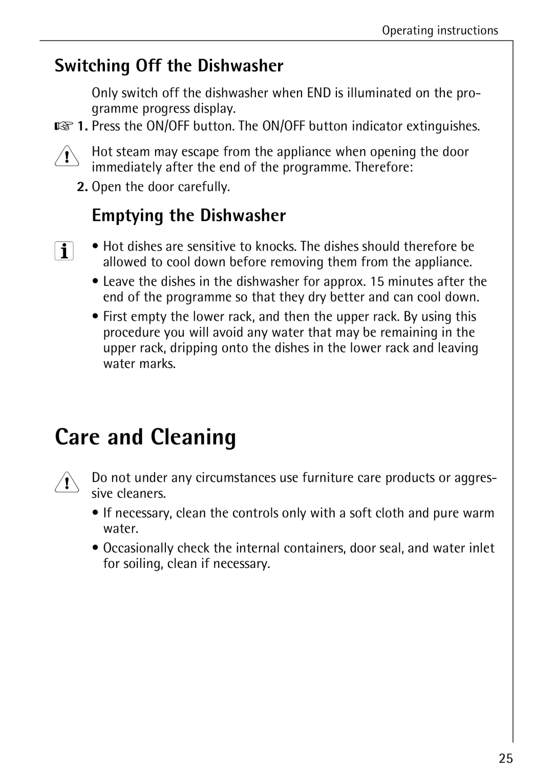 AEG 4270 I manual Care and Cleaning, Switching Off the Dishwasher, Emptying the Dishwasher 