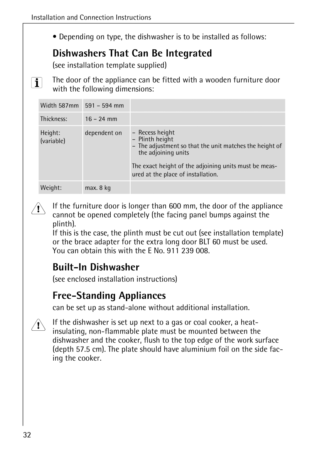 AEG 4270 I manual Dishwashers That Can Be Integrated, Built-In Dishwasher, Free-Standing Appliances 