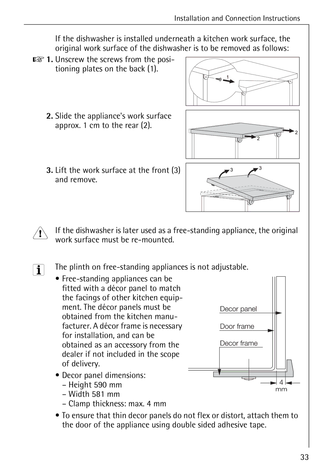 AEG 4270 I manual Work surface must be re-mounted, Plinth on free-standing appliances is not adjustable 