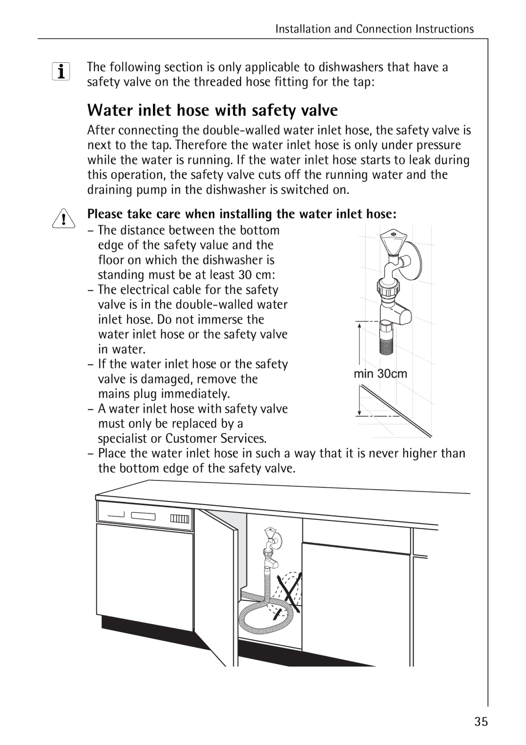 AEG 4270 I manual Water inlet hose with safety valve, Please take care when installing the water inlet hose 