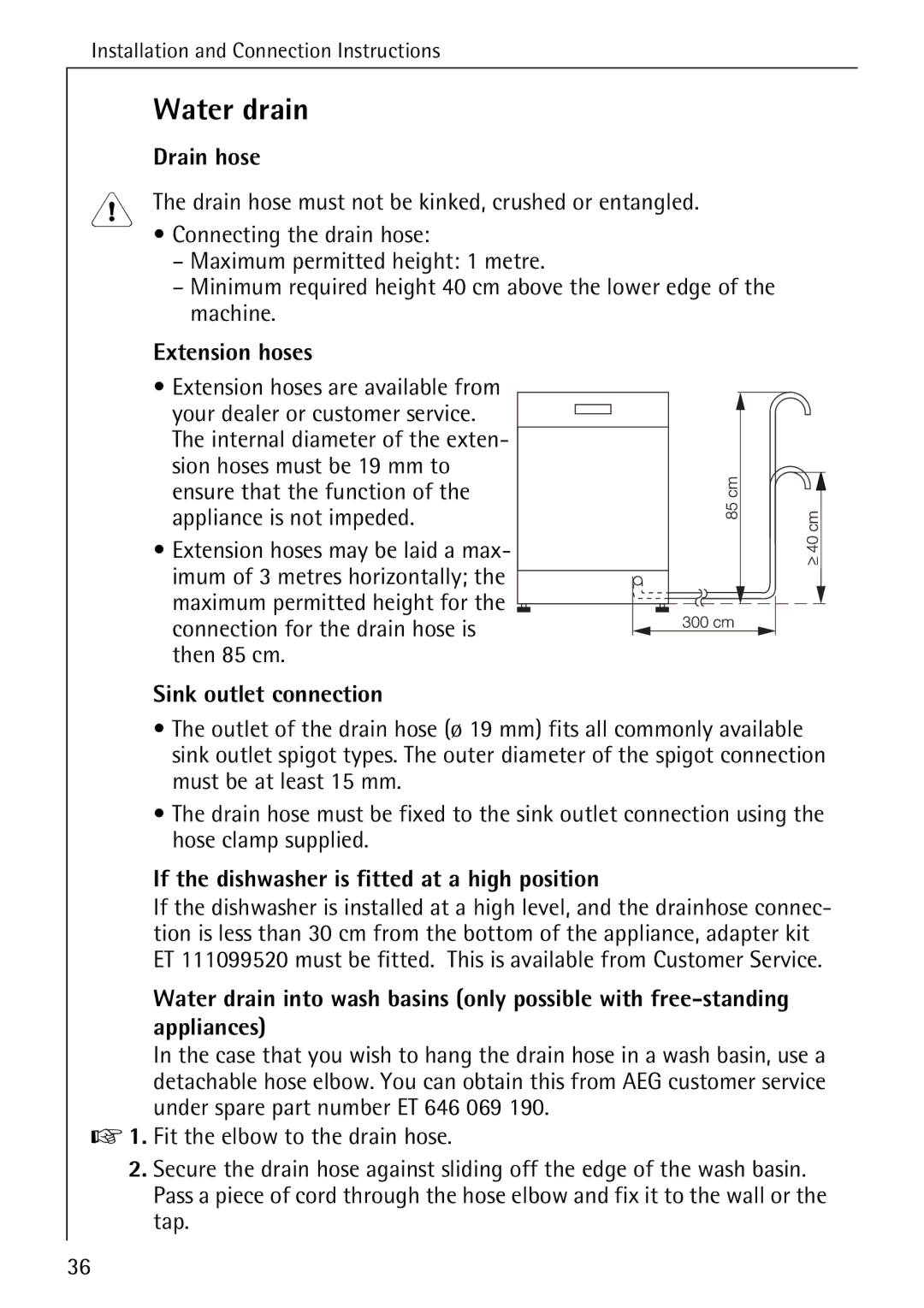 AEG 4270 I manual Water drain, Drain hose, Extension hoses, Sink outlet connection 