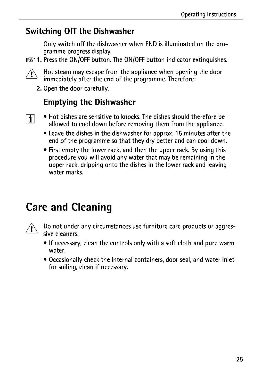 AEG 4270 I manual Care and Cleaning, Switching Off the Dishwasher, Emptying the Dishwasher 