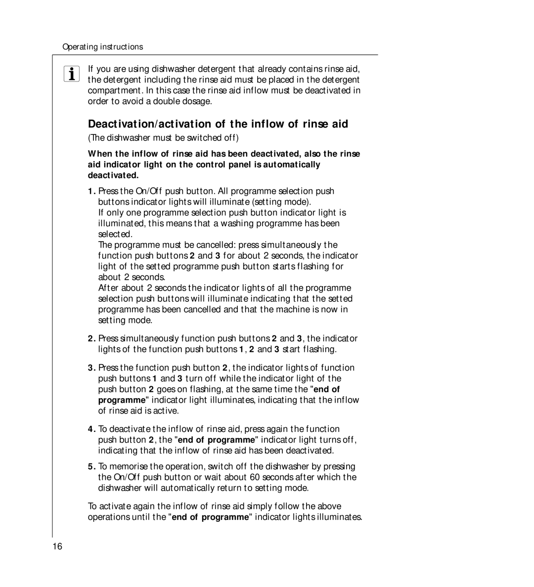 AEG 44060 VIL manual Deactivation/activation of the inflow of rinse aid 