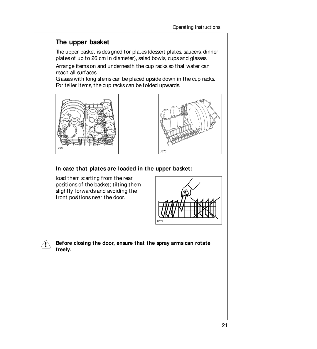 AEG 44060 VIL manual Upper basket, Case that plates are loaded in the upper basket 