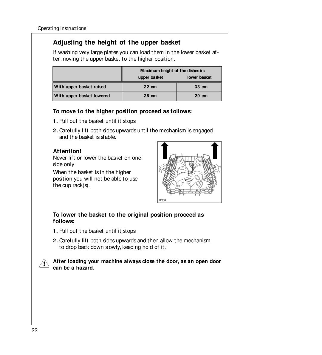 AEG 44060 VIL manual Adjusting the height of the upper basket, To move to the higher position proceed as follows 