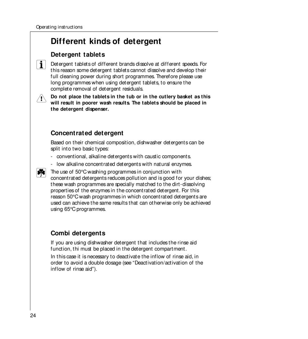 AEG 44060 VIL manual Different kinds of detergent, Detergent tablets, Concentrated detergent, Combi detergents 