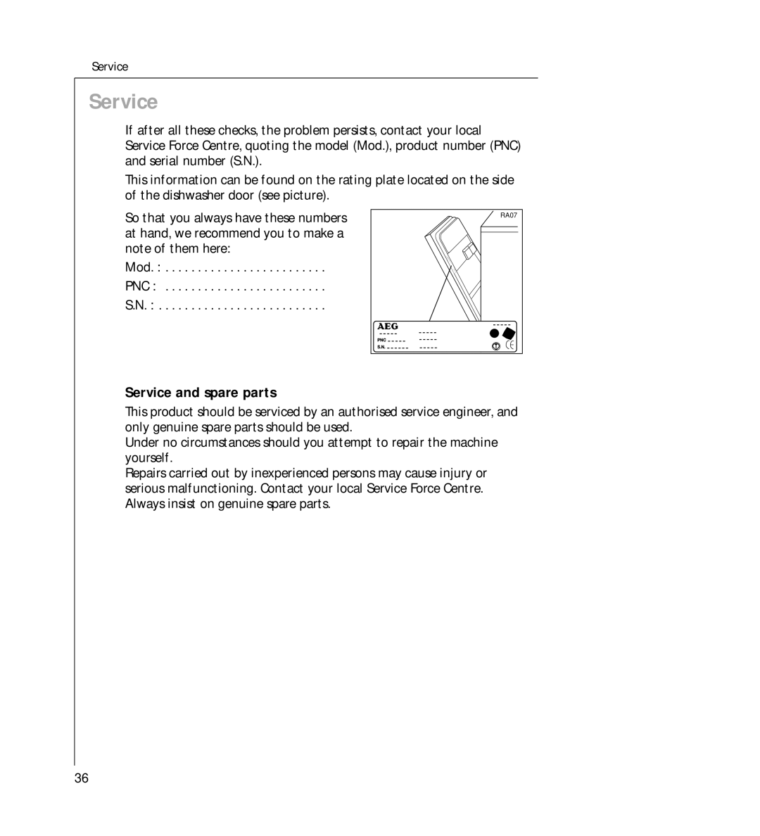 AEG 44060 VIL manual Service and spare parts 