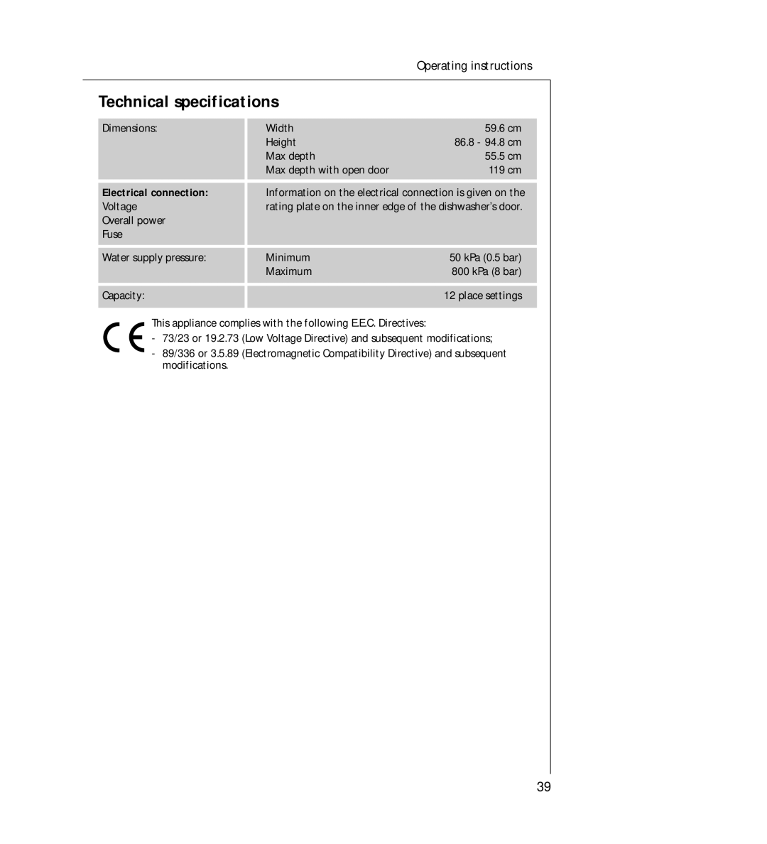 AEG 44060 VIL manual Technical specifications, Electrical connection 