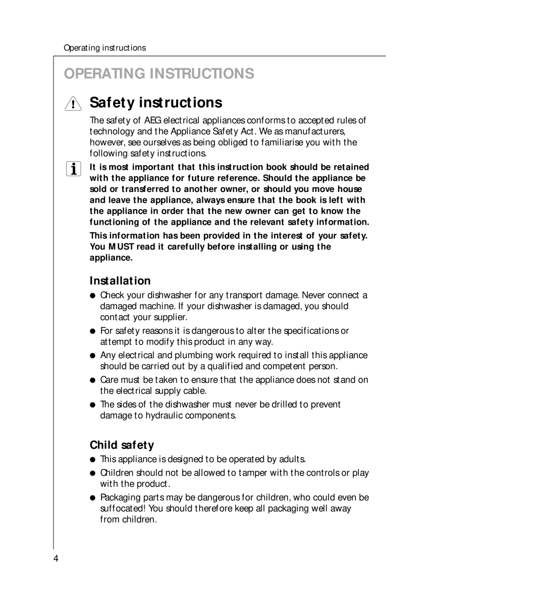 AEG 44060 VIL manual Safety instructions, Installation, Child safety 