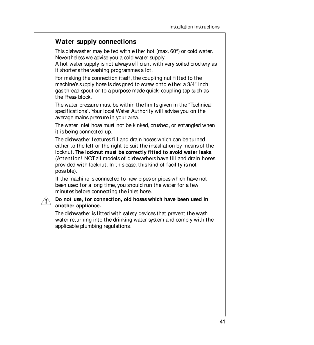 AEG 44060 VIL manual Water supply connections 