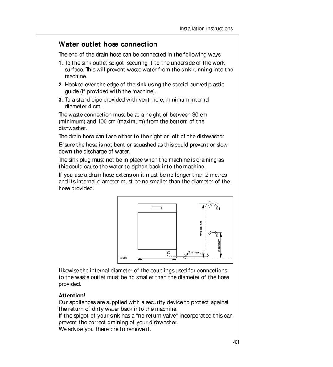 AEG 44060 VIL manual Water outlet hose connection 