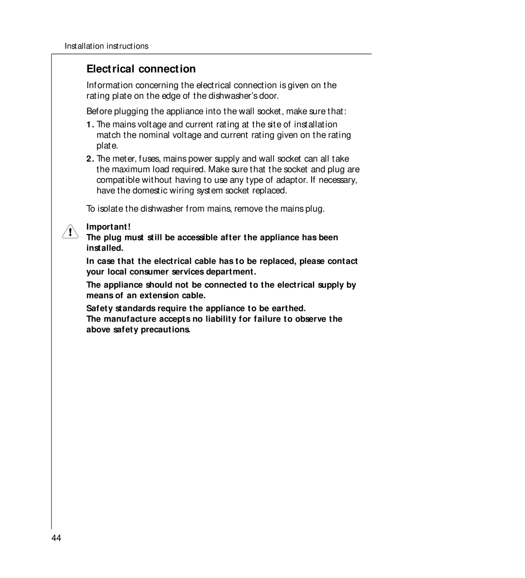 AEG 44060 VIL manual Electrical connection 