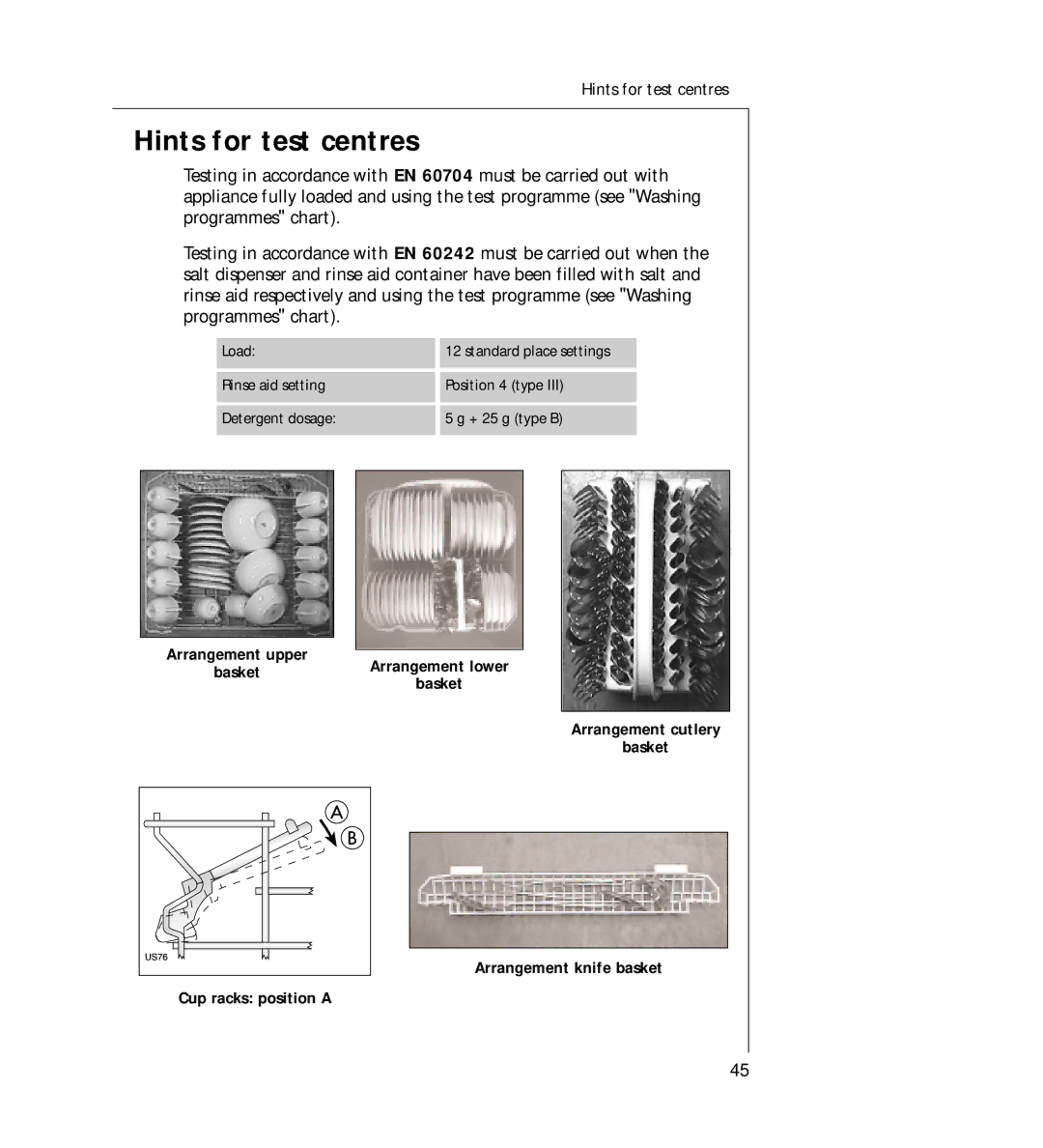 AEG 44060 VIL manual Hints for test centres 