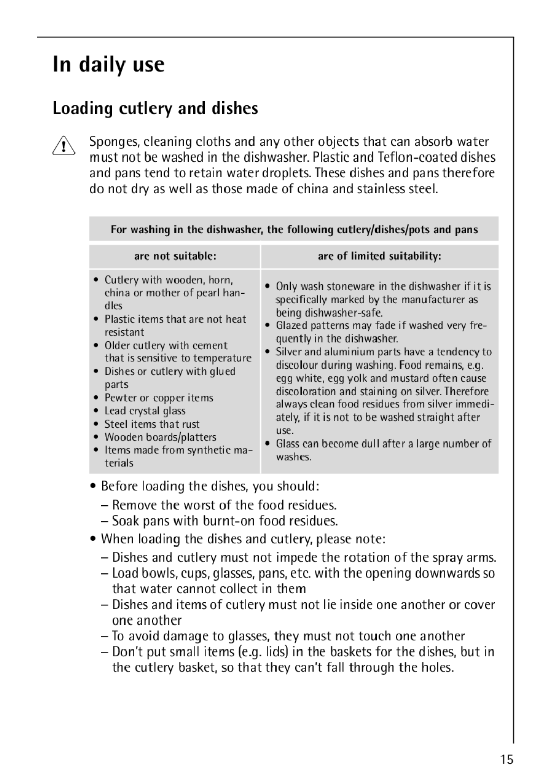 AEG 44080 I manual Daily use, Loading cutlery and dishes 