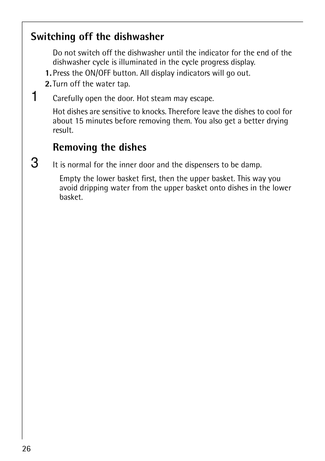 AEG 44080 I manual Switching off the dishwasher, Removing the dishes 