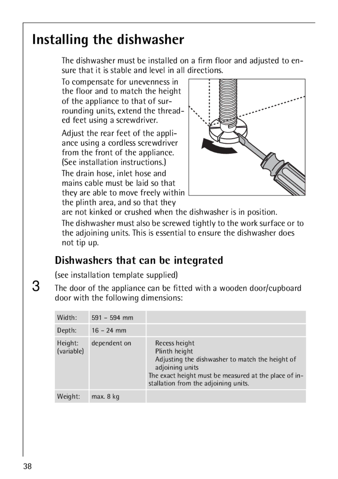 AEG 44080 I manual Installing the dishwasher, Dishwashers that can be integrated 