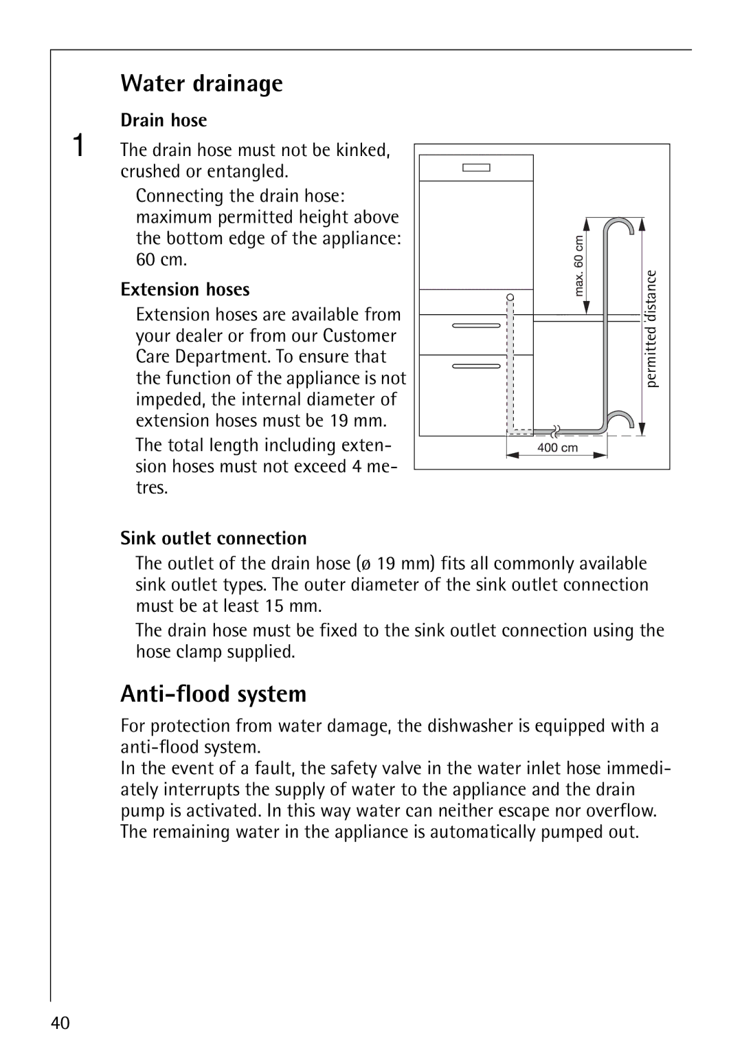 AEG 44080 I manual Water drainage, Anti-flood system, Drain hose, Extension hoses, Sink outlet connection 