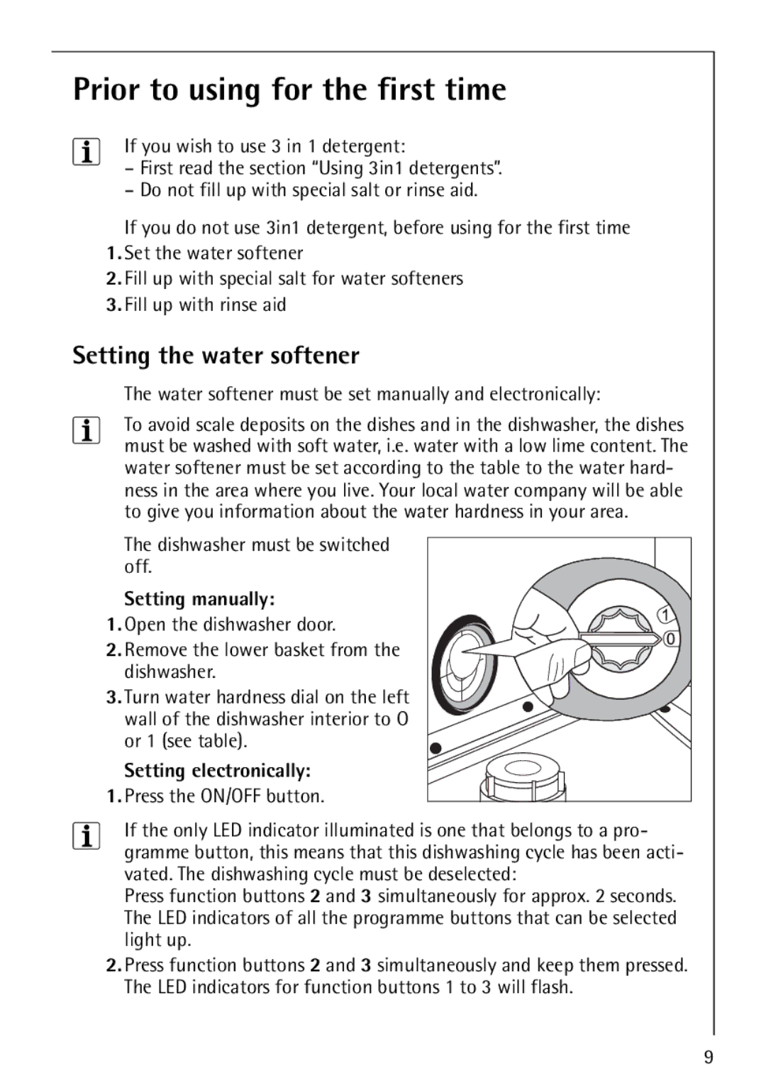 AEG 44080 I Prior to using for the first time, Setting the water softener, Setting manually, Setting electronically 