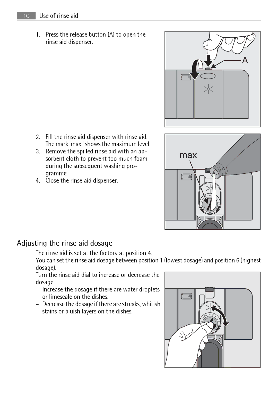 AEG 45003 user manual Adjusting the rinse aid dosage 