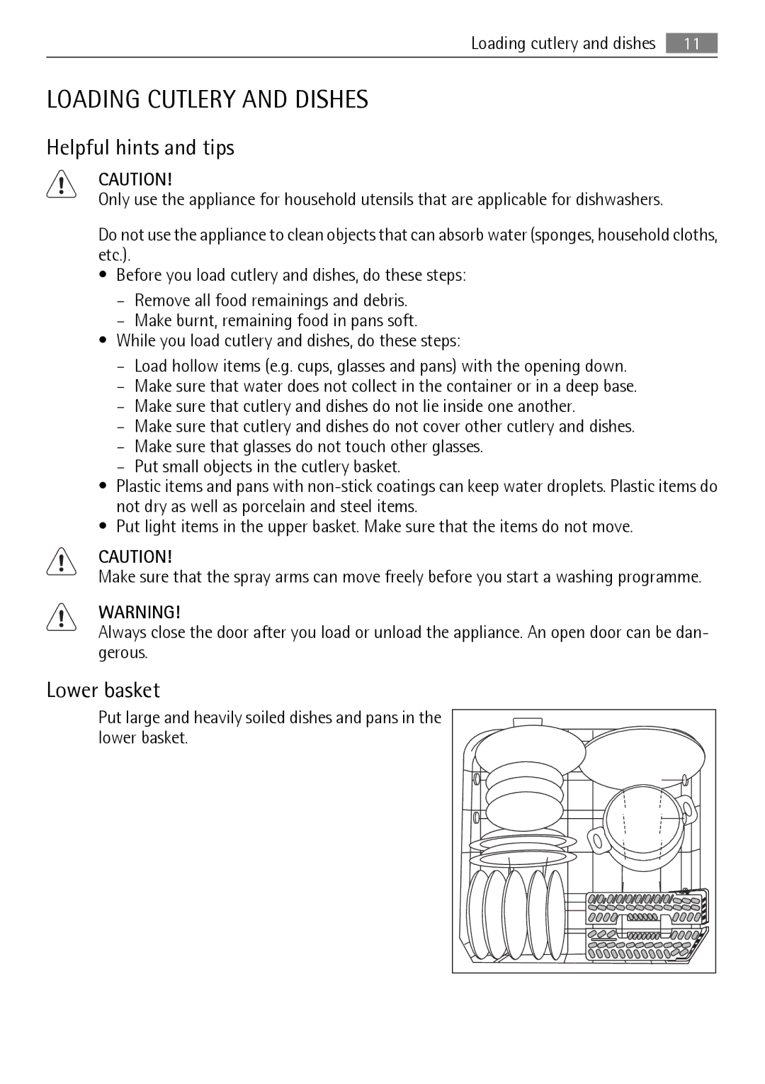 AEG 45003 user manual Loading Cutlery and Dishes, Helpful hints and tips, Lower basket 