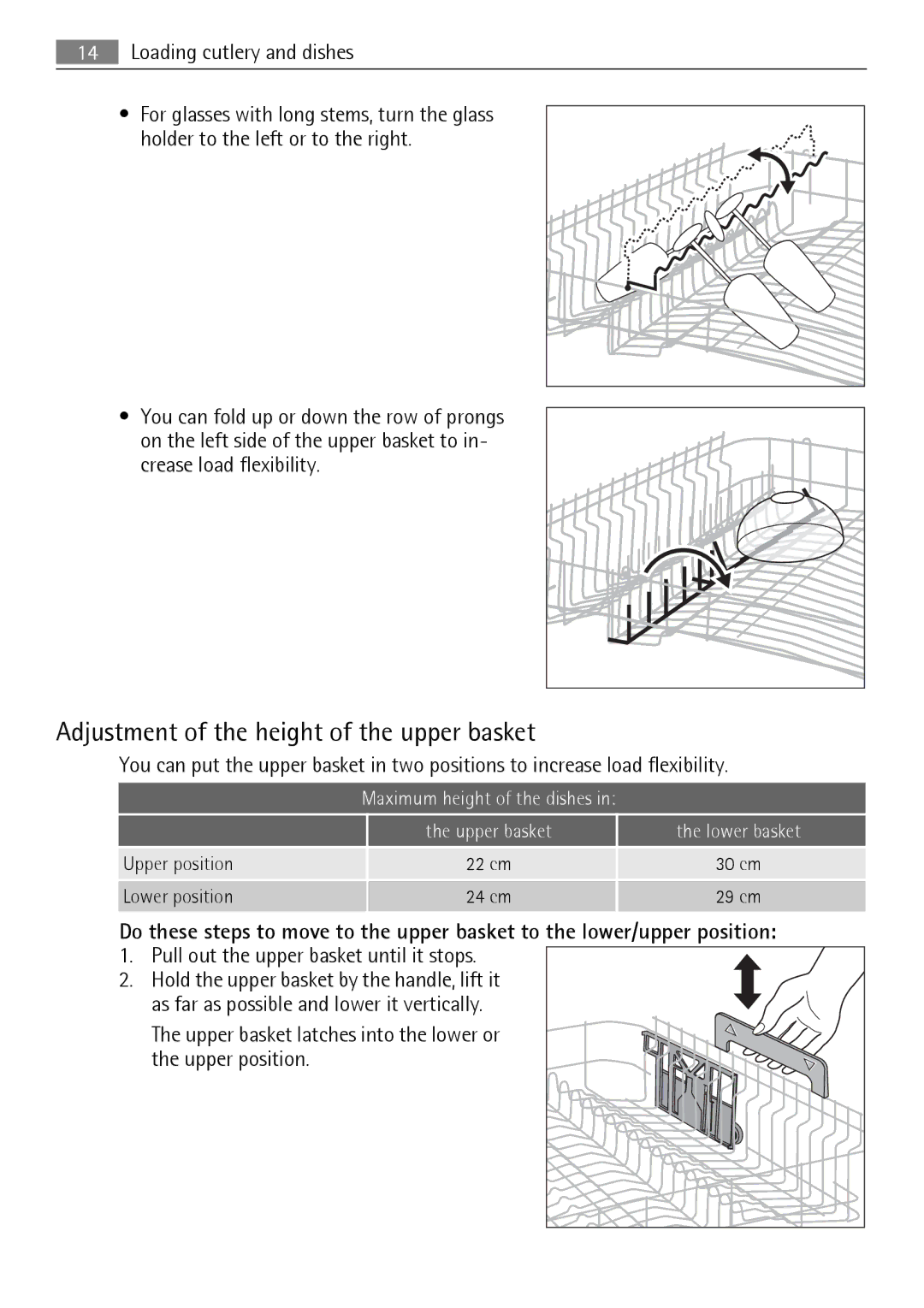 AEG 45003 user manual Adjustment of the height of the upper basket, Maximum height of the dishes Upper basket Lower basket 