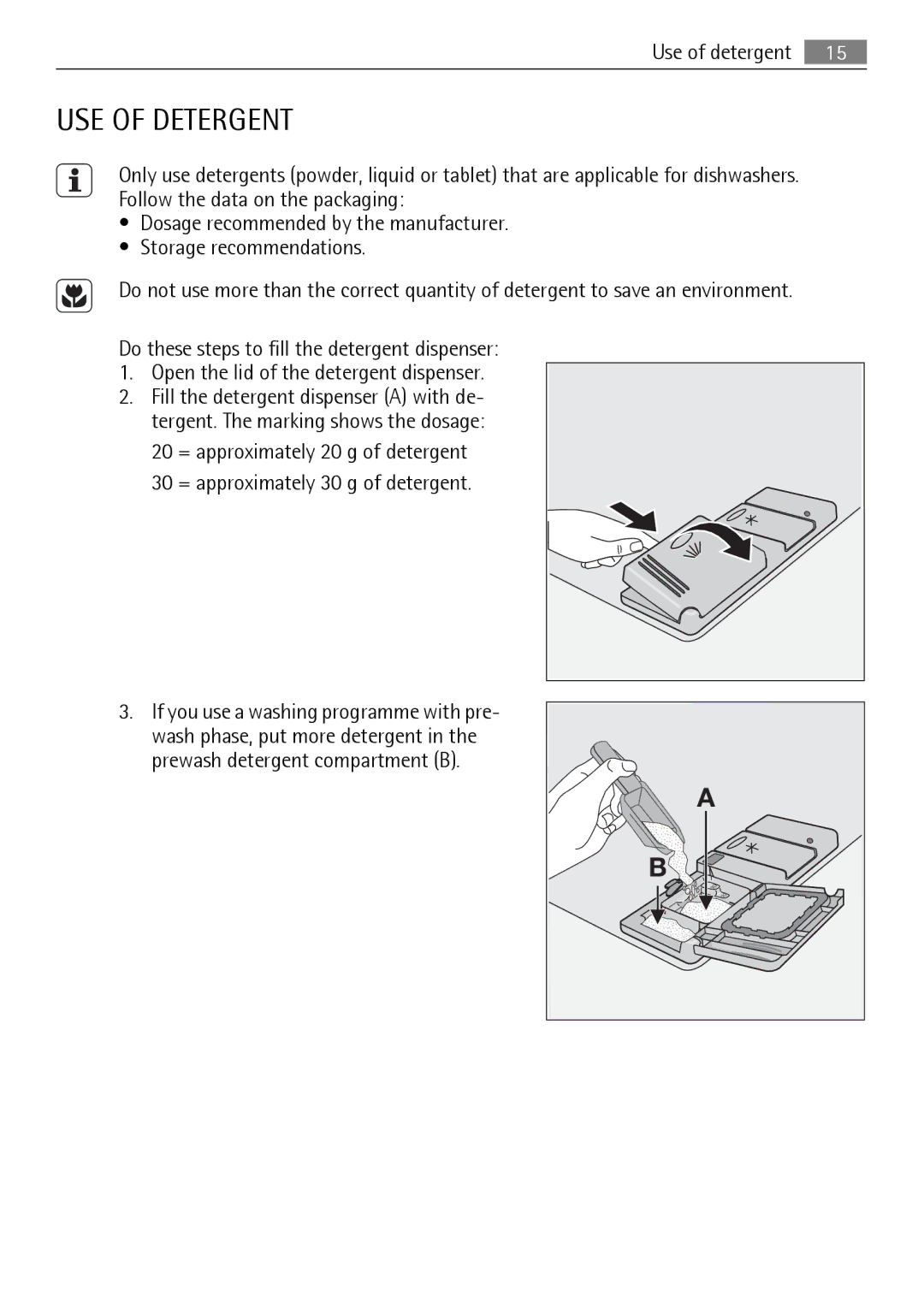 AEG 45003 user manual USE of Detergent, Use of detergent 