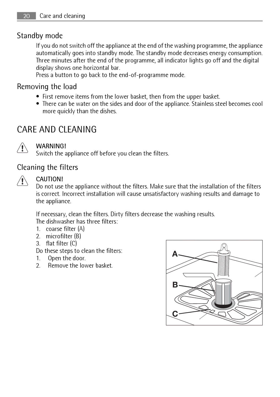 AEG 45003 user manual Care and Cleaning, Standby mode, Removing the load, Cleaning the filters 