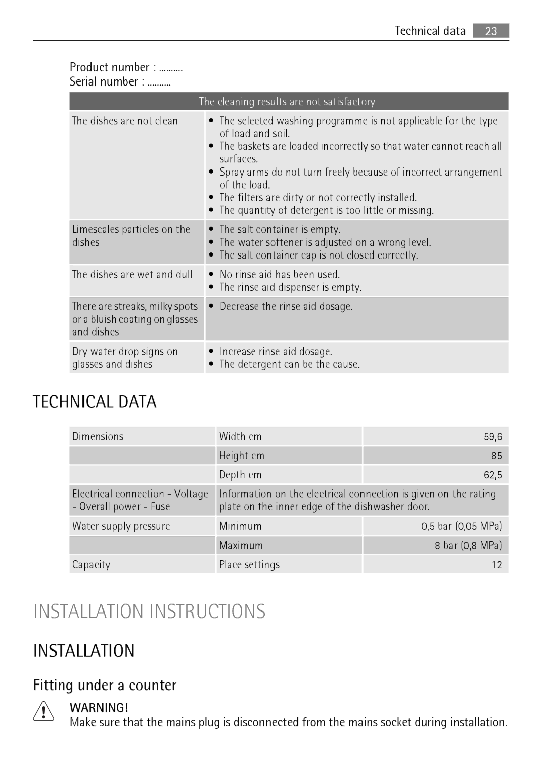 AEG 45003 user manual Technical Data, Installation, Fitting under a counter, Technical data Product number Serial number 