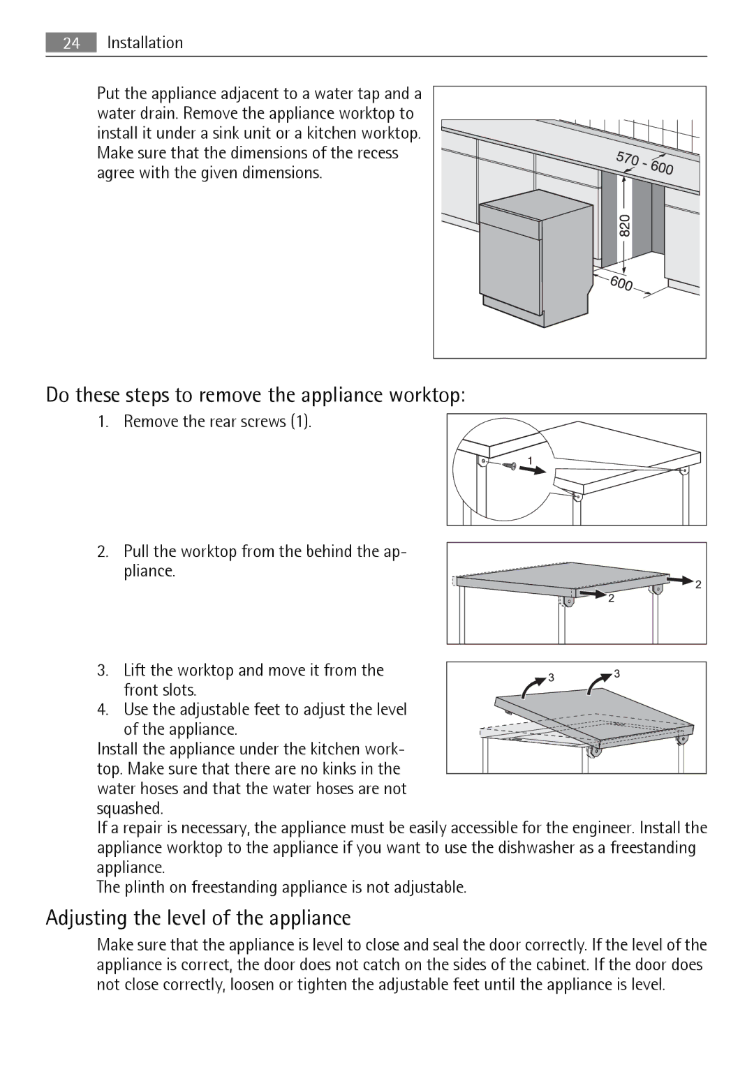 AEG 45003 user manual Do these steps to remove the appliance worktop, Adjusting the level of the appliance, Installation 