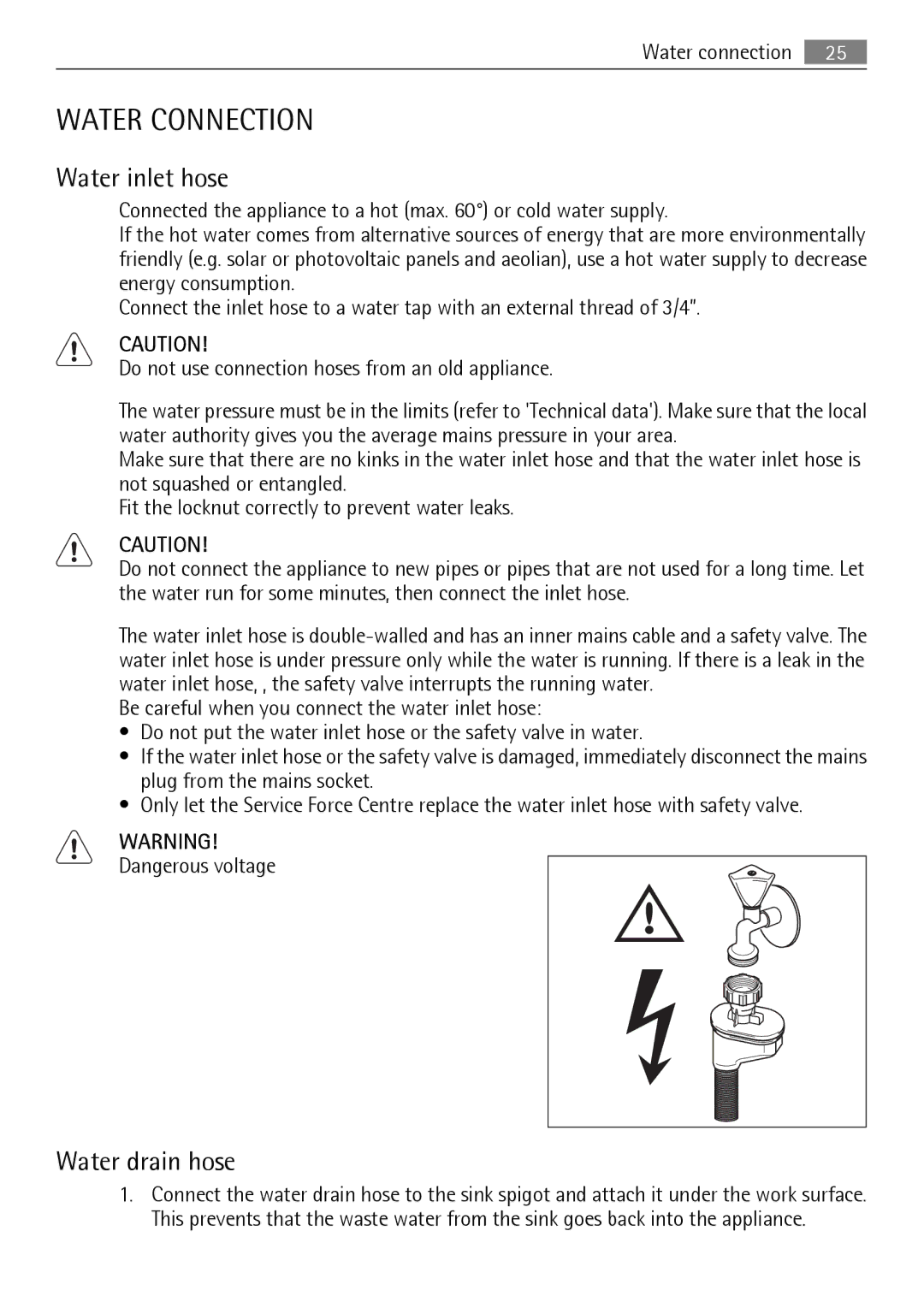 AEG 45003 user manual Water Connection, Water inlet hose, Water drain hose, Water connection 