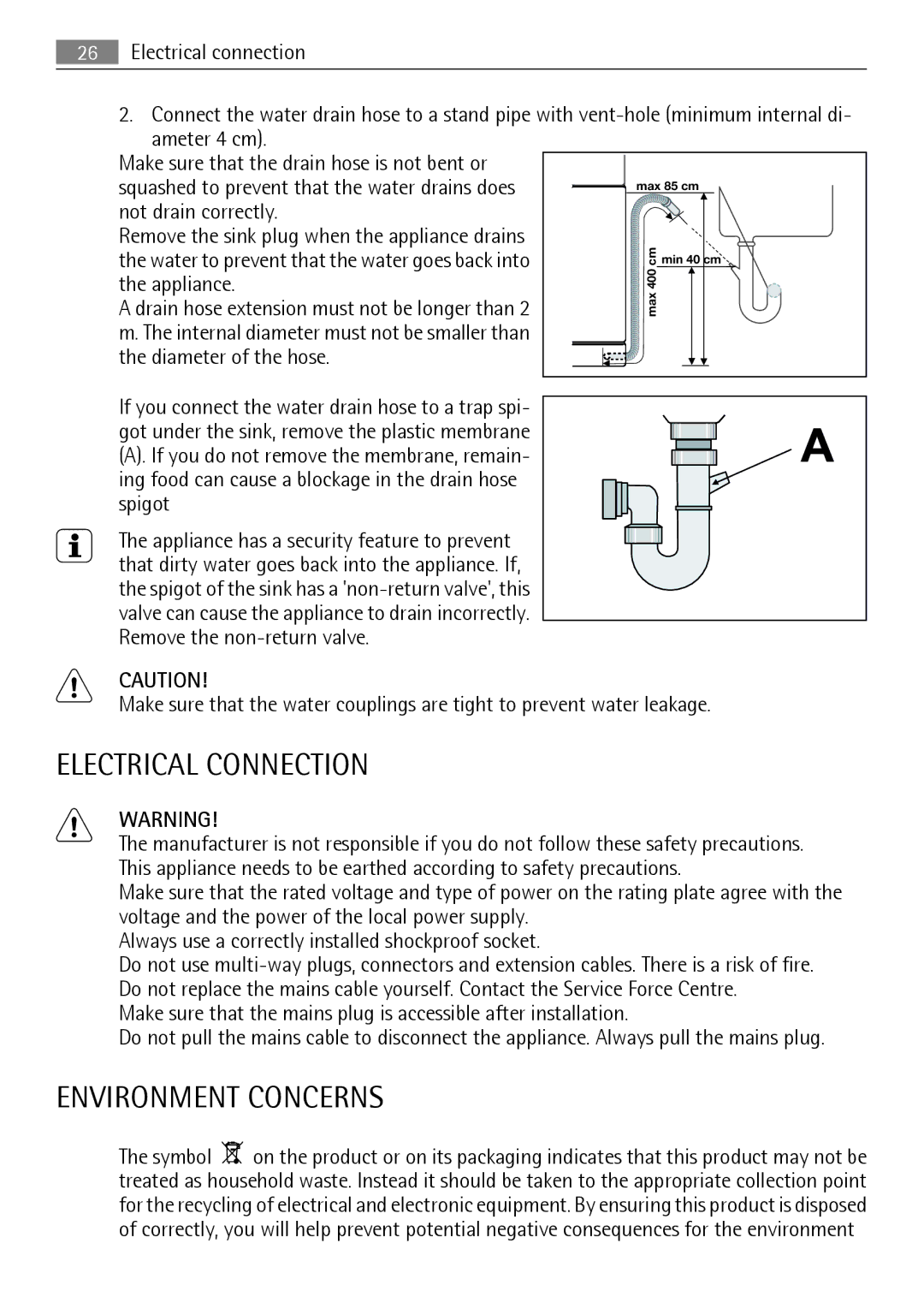 AEG 45003 user manual Electrical Connection, Environment Concerns, Appliance, Diameter of the hose 