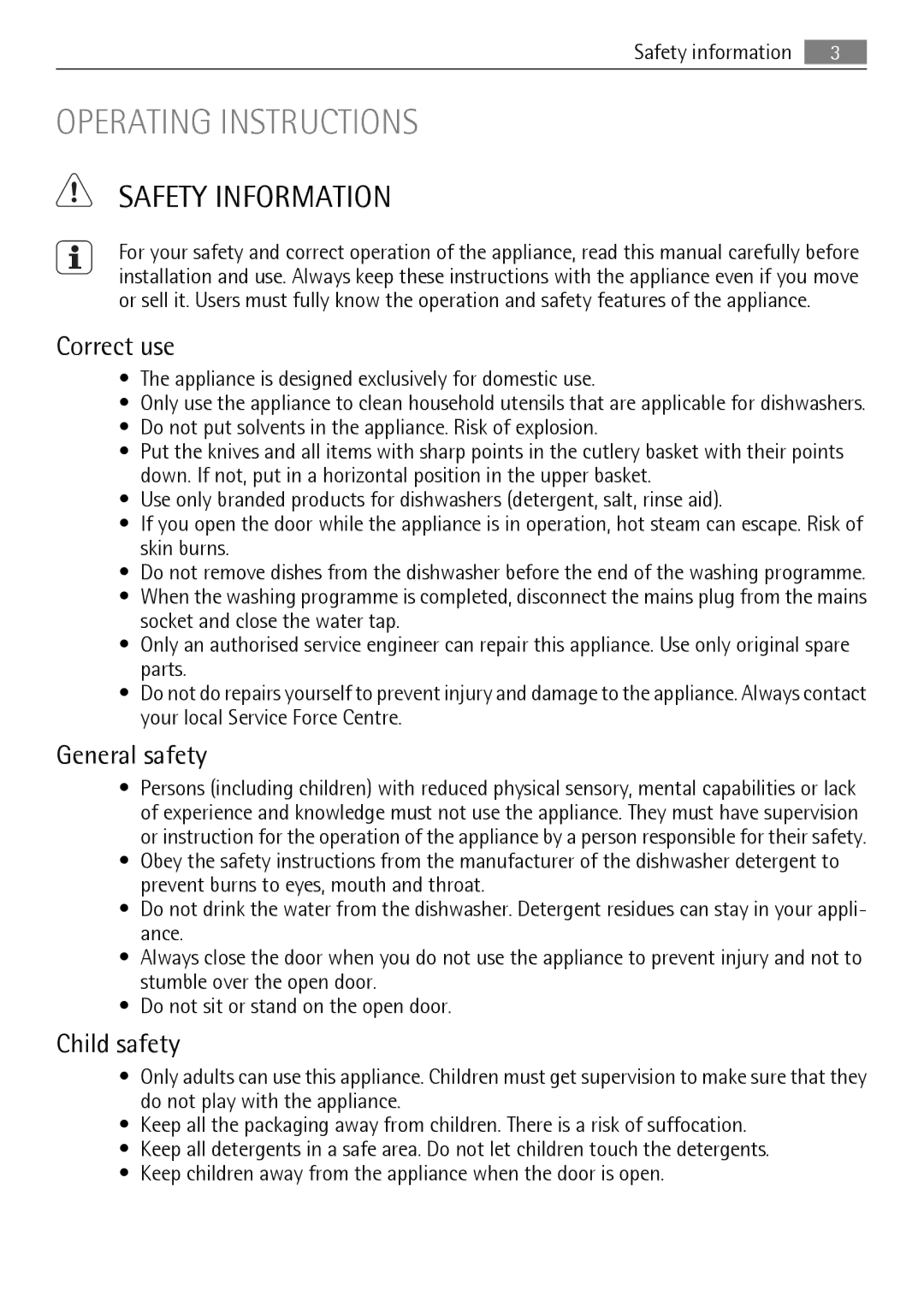 AEG 45003 user manual Safety Information, Correct use, General safety, Child safety 