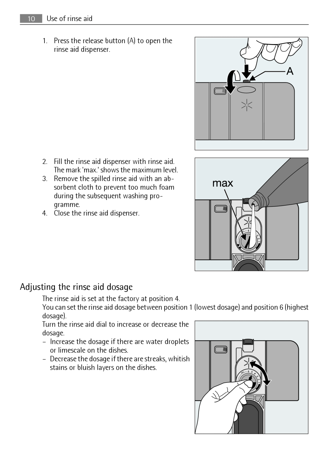 AEG 45003 user manual Adjusting the rinse aid dosage 